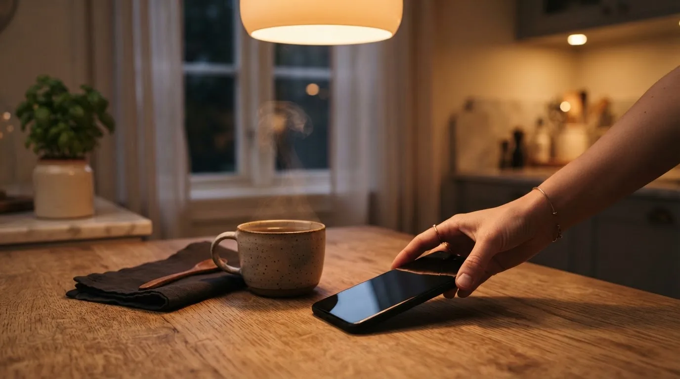 A hand setting a smartphone down beside a cup of tea on a kitchen table on a quiet evening