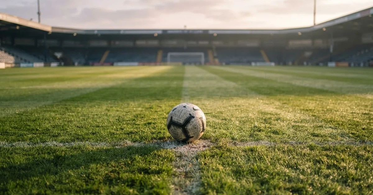 A ball on the centre spot of a grass pitch in morning light