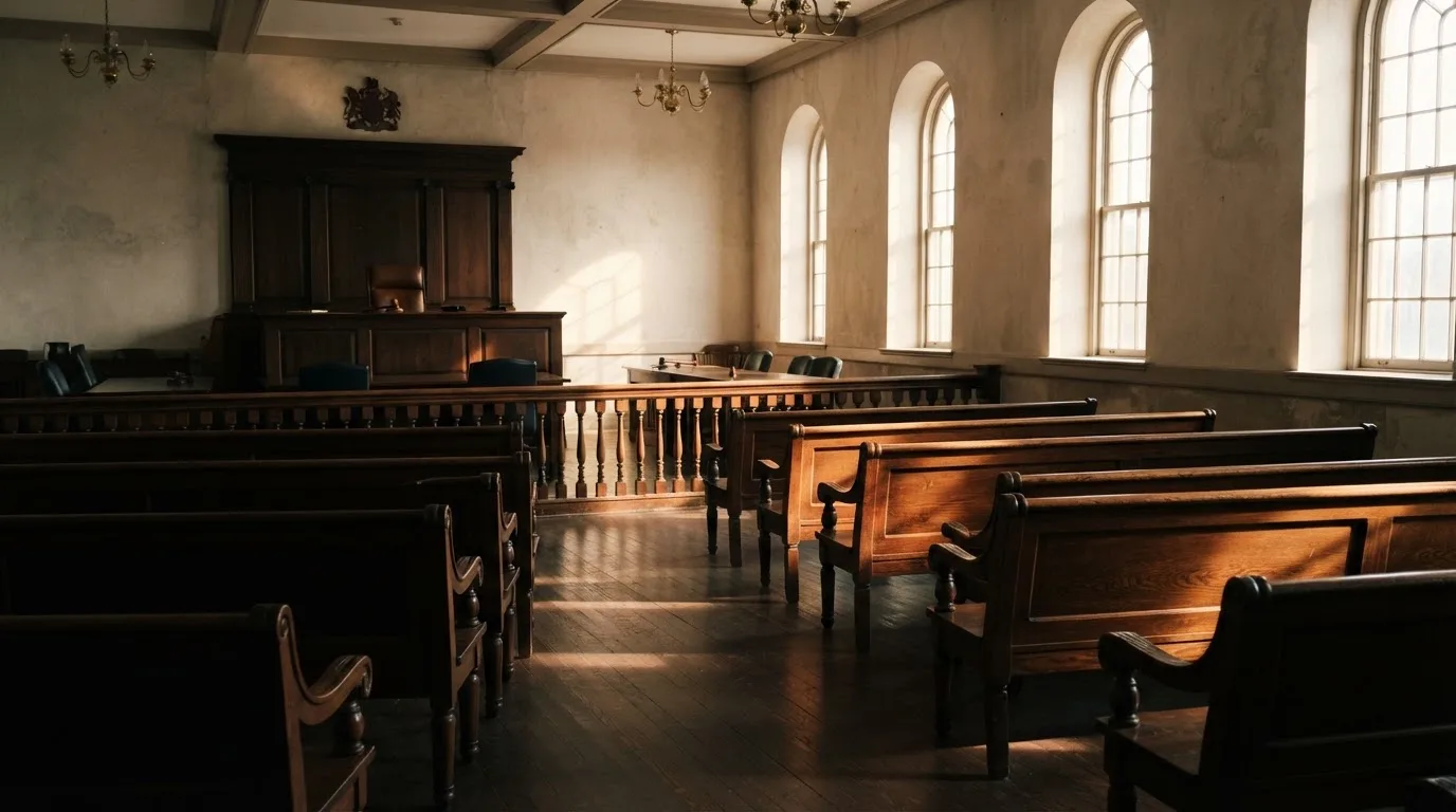 An empty courtroom with wooden benches in morning light