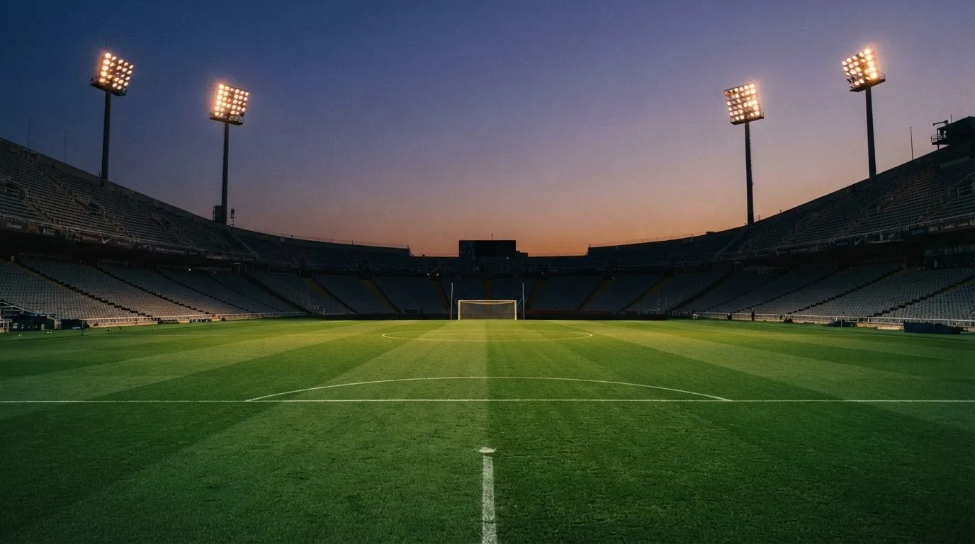 An empty football stadium with floodlight masts at dusk