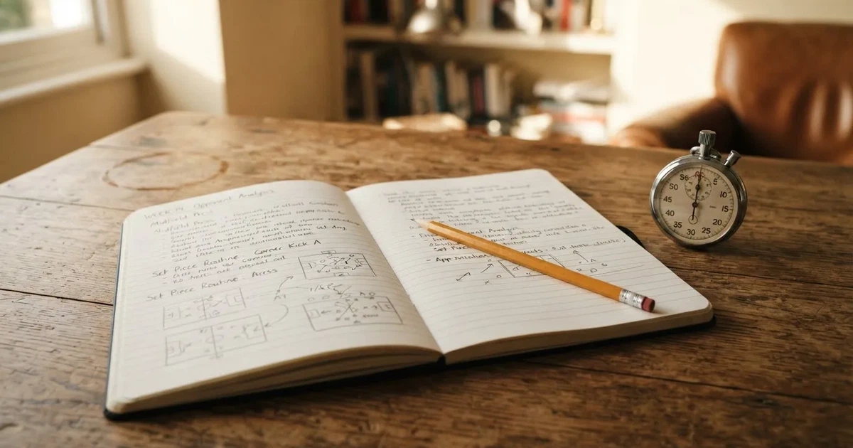 An open notebook with a pencil and a stopwatch on a wooden table