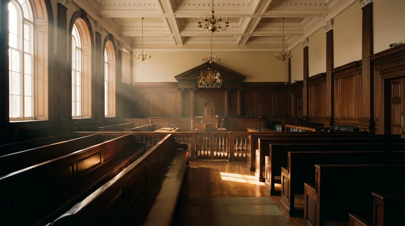 An empty courtroom with wooden benches in morning light