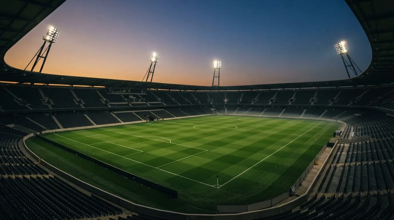 An empty football stadium with floodlight masts at dusk
