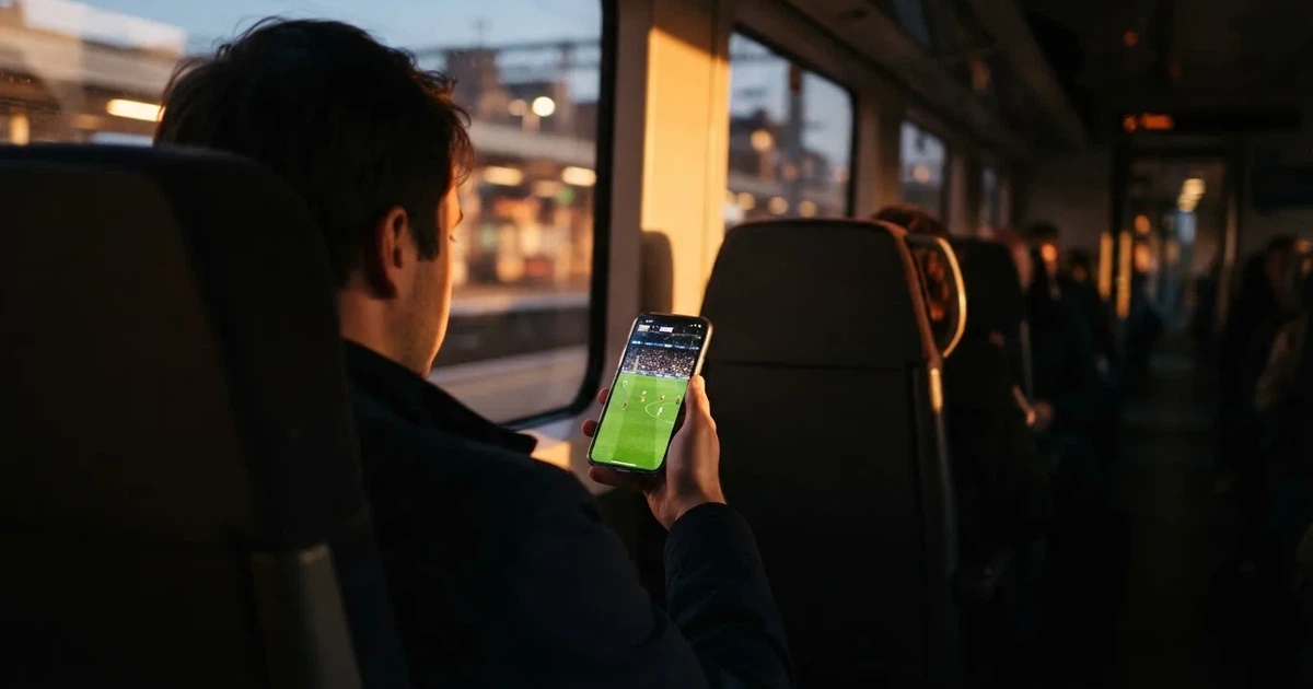 A hand holding a smartphone on a train in the evening, screen turned away