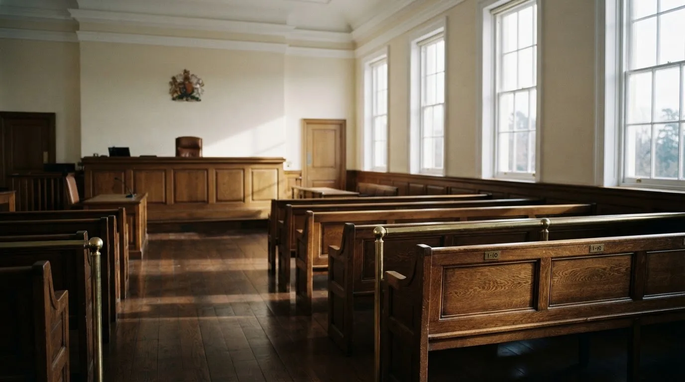 An empty courtroom with wooden benches in morning light