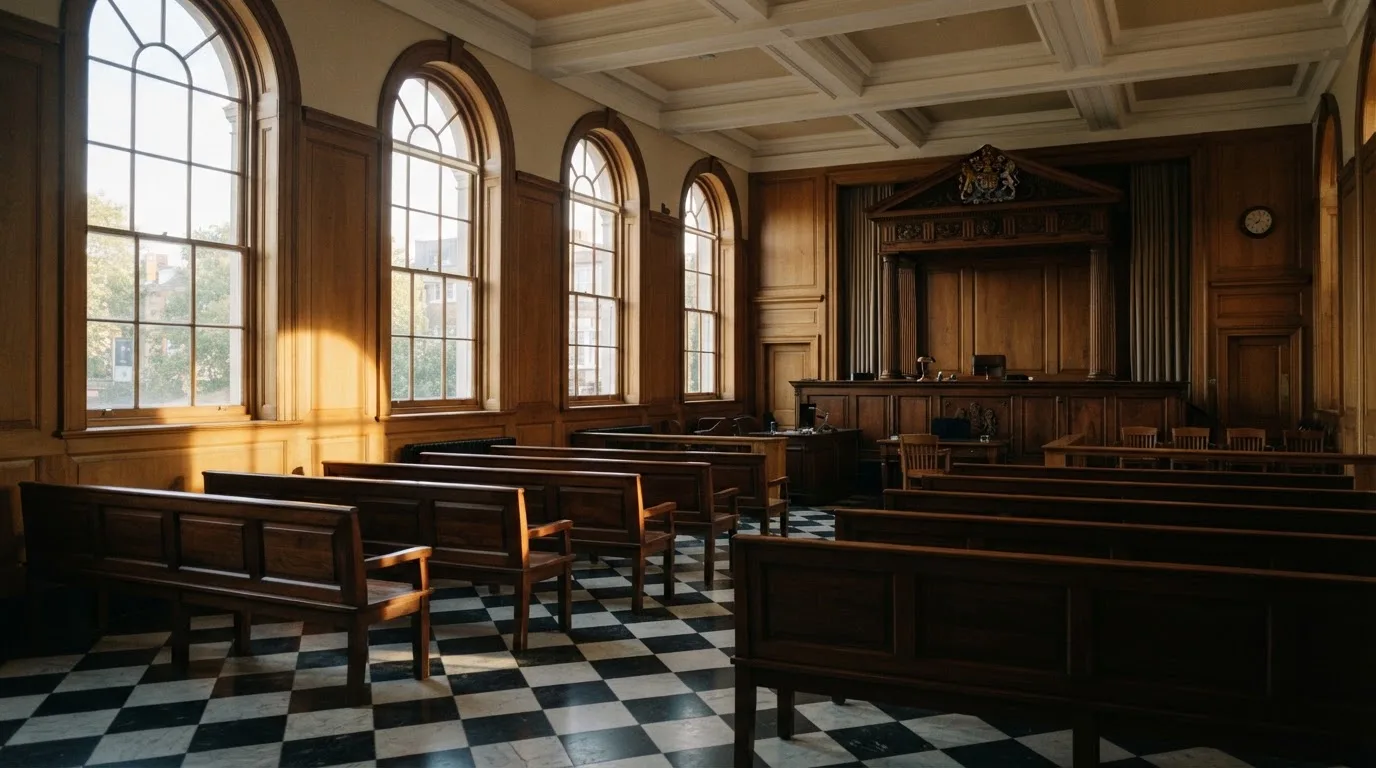 An empty courtroom with wooden benches in morning light