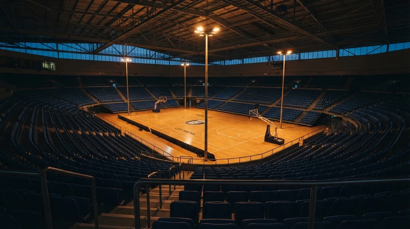 An empty football stadium with floodlight masts at dusk
