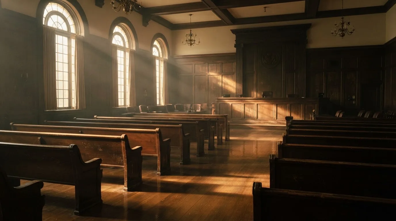 An empty courtroom with wooden benches in morning light