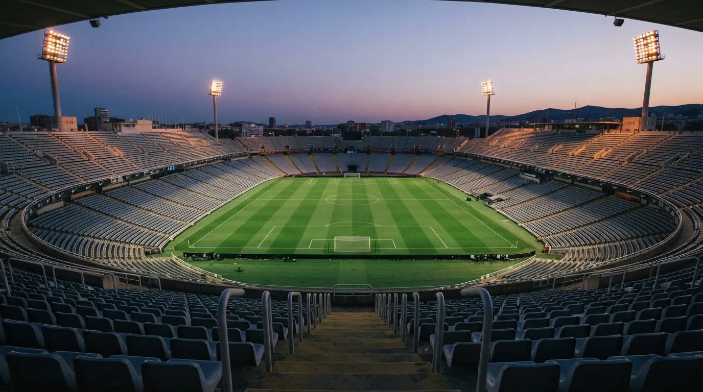 An empty football stadium with floodlight masts at dusk