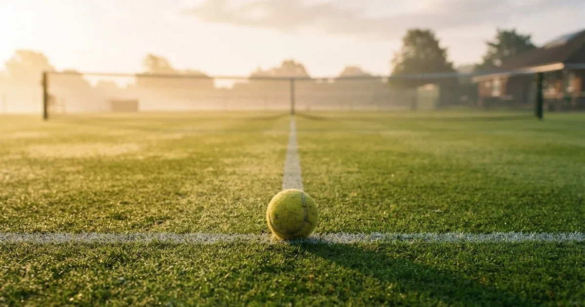 A ball on the centre spot of a grass pitch in morning light
