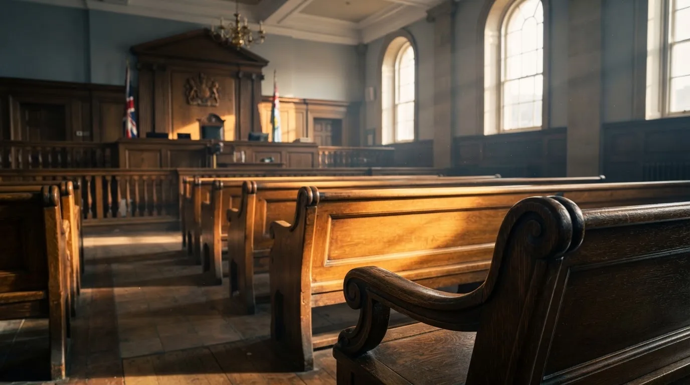 An empty courtroom with wooden benches in morning light