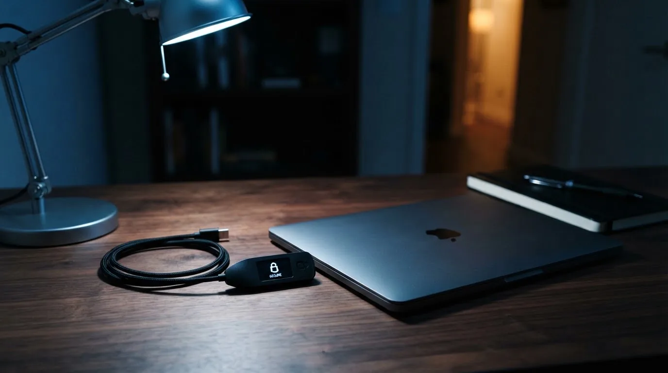 A hardware wallet and a closed laptop on a desk in dim light