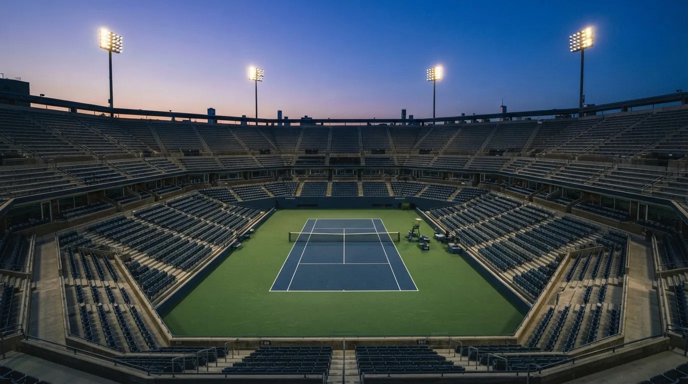 An empty football stadium with floodlight masts at dusk