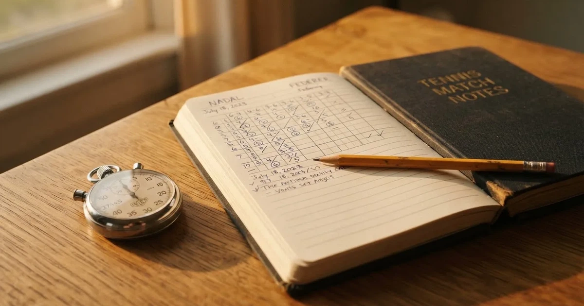 An open notebook with a pencil and a stopwatch on a wooden table