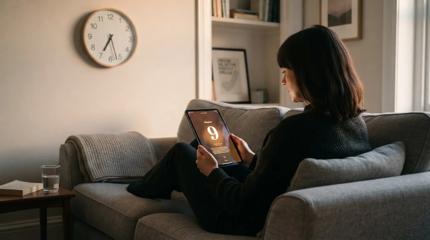 A person on a sofa looking thoughtfully at a tablet, a wall clock in the background