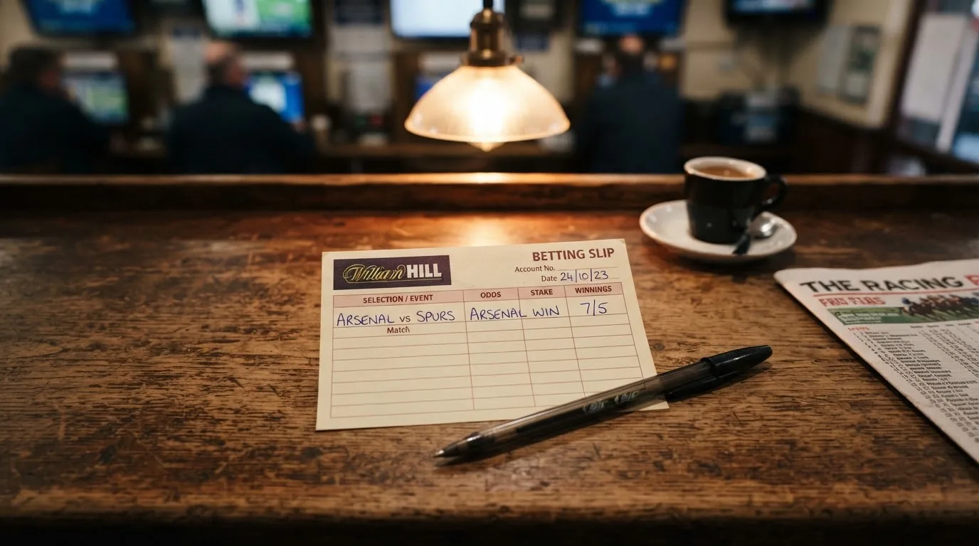A blank paper betting slip beside a pen on a wooden counter