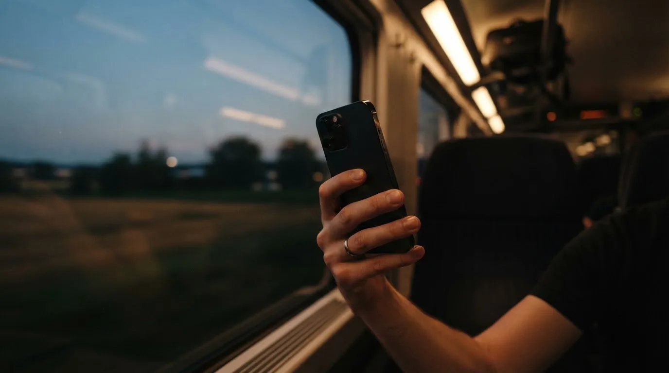A hand holding a smartphone on a train in the evening, screen turned away