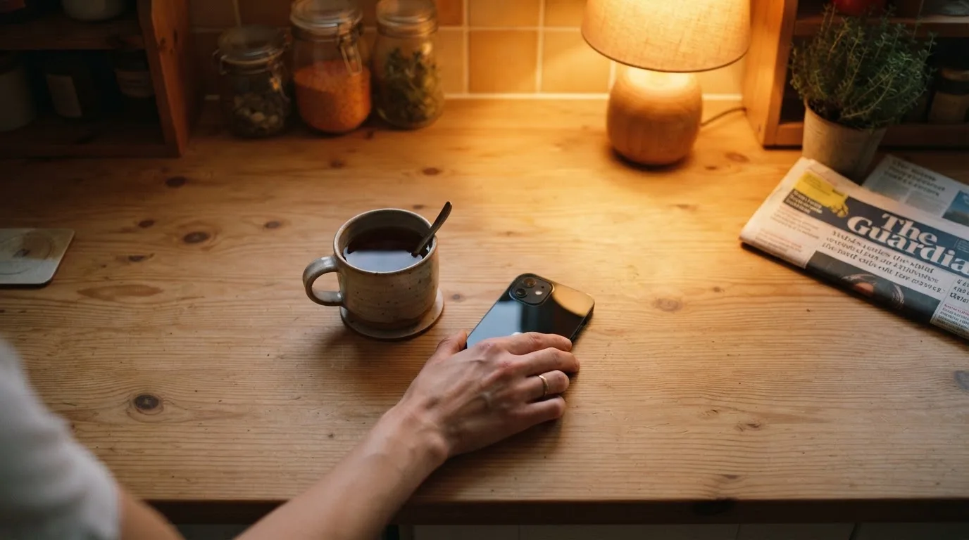 A hand setting a smartphone down beside a cup of tea on a kitchen table on a quiet evening