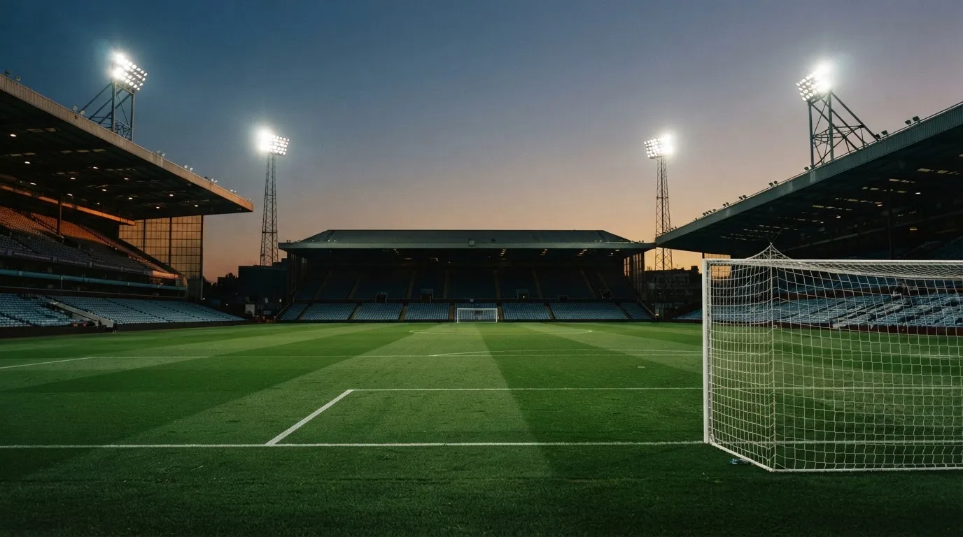 An empty football stadium with floodlight masts at dusk