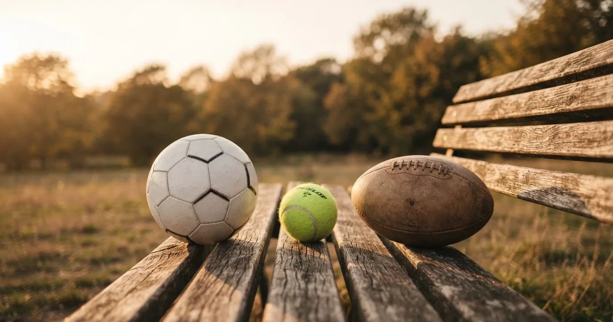 Three balls of different kinds side by side on a wooden bench