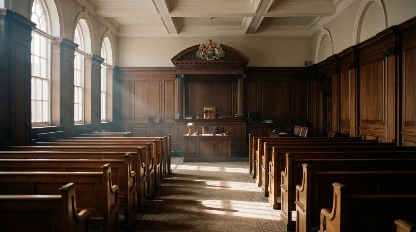An empty courtroom with wooden benches in morning light