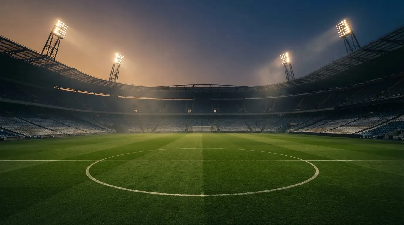 An empty football stadium with floodlight masts at dusk