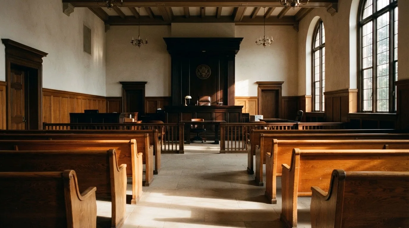 An empty courtroom with wooden benches in morning light