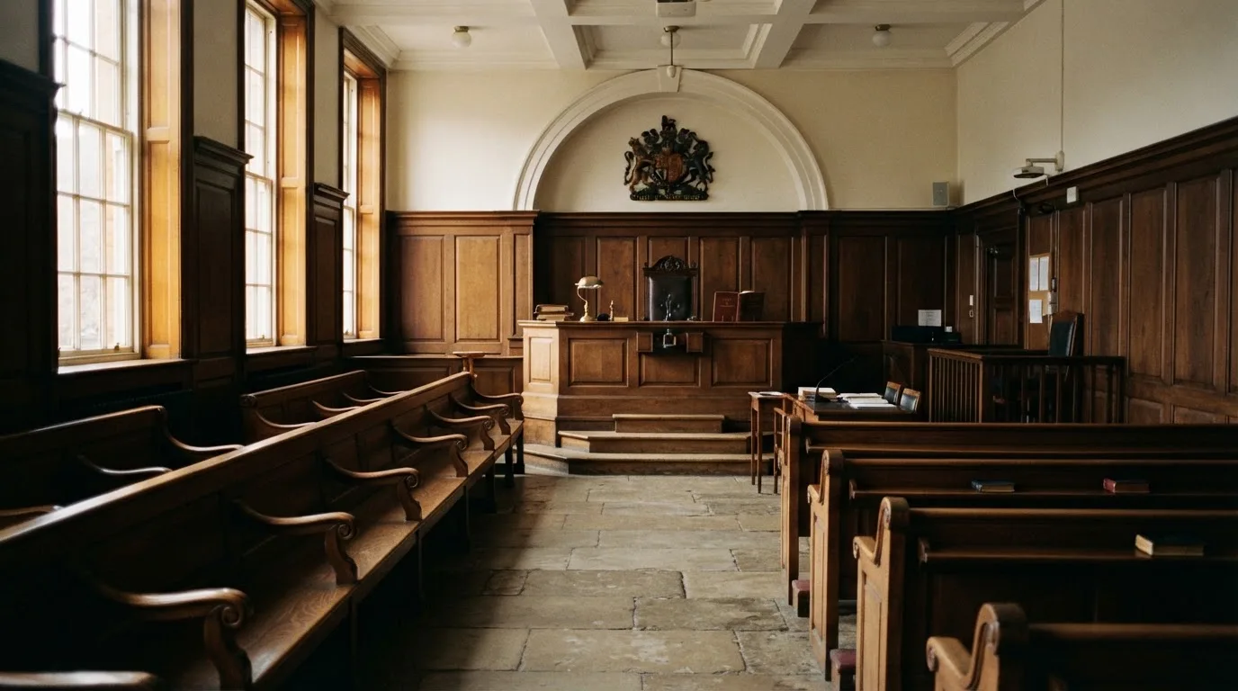 An empty courtroom with wooden benches in morning light