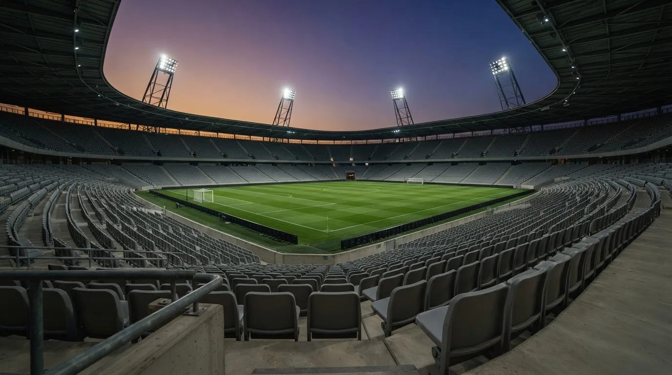 An empty football stadium with floodlight masts at dusk