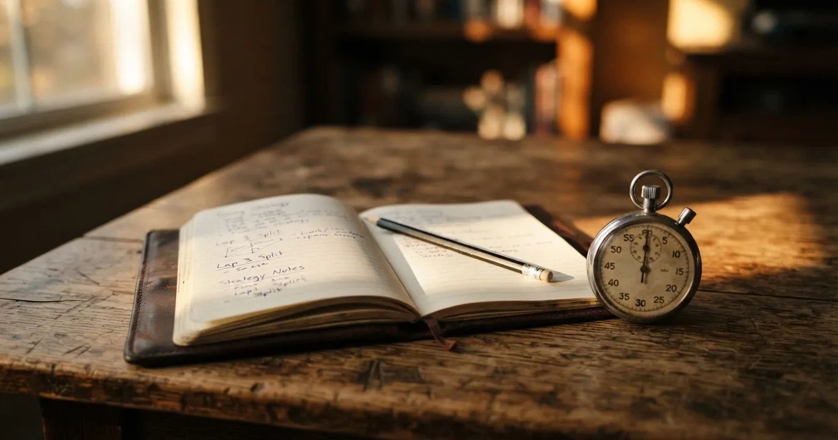 An open notebook with a pencil and a stopwatch on a wooden table