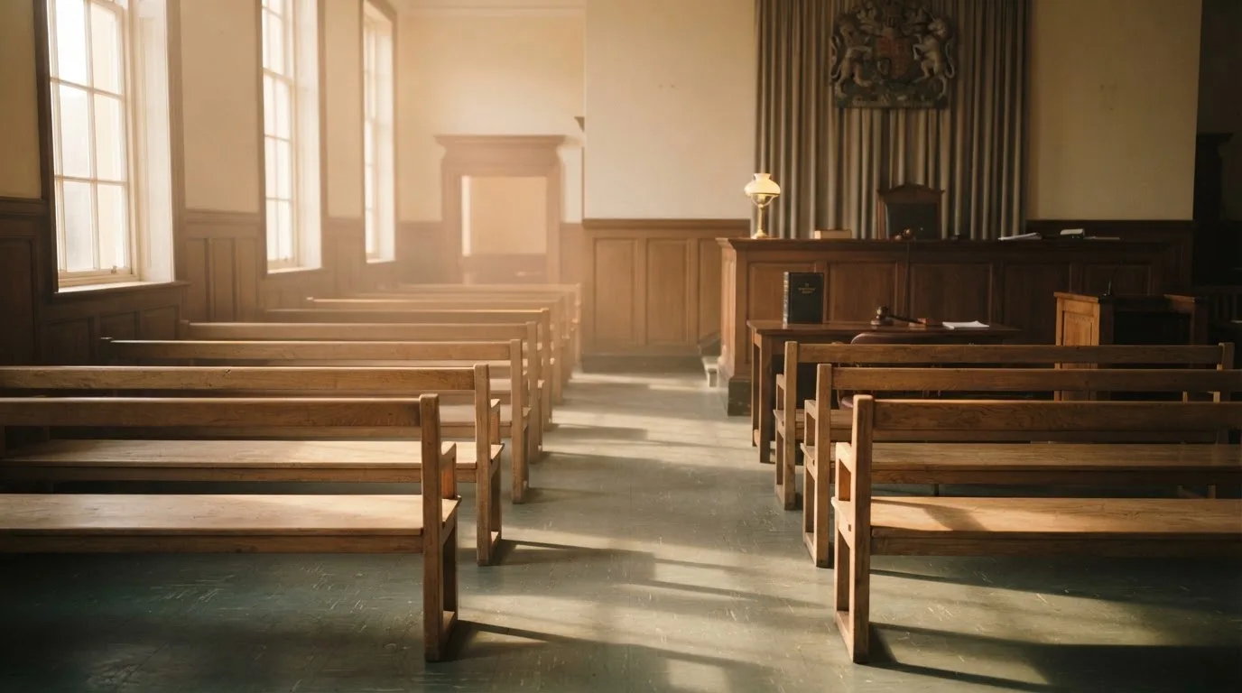 An empty courtroom with wooden benches in morning light