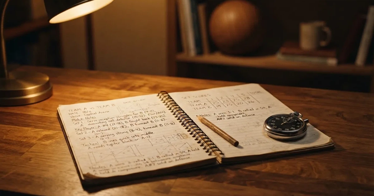 An open notebook with a pencil and a stopwatch on a wooden table