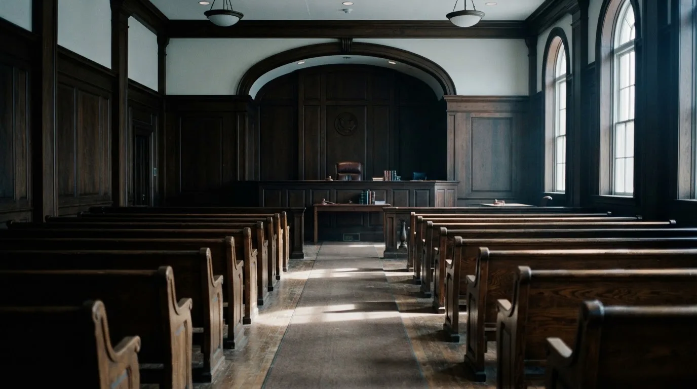 An empty courtroom with wooden benches in morning light