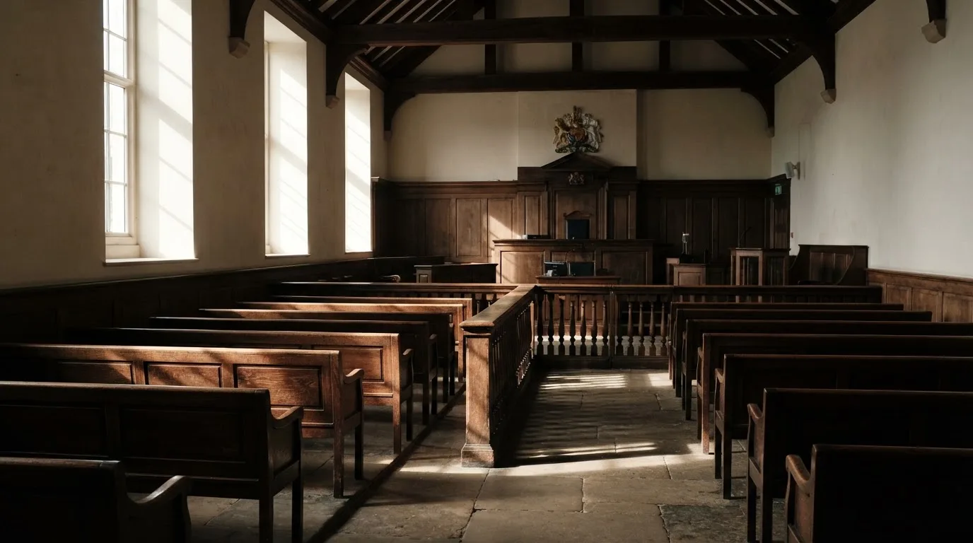 An empty courtroom with wooden benches in morning light