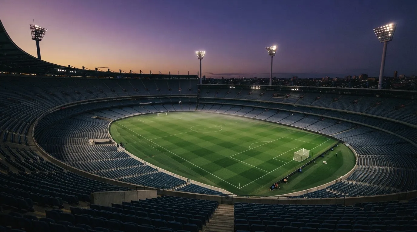 An empty football stadium with floodlight masts at dusk