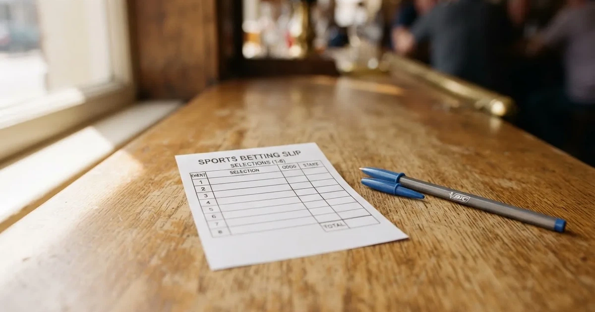 A blank paper betting slip beside a pen on a wooden counter