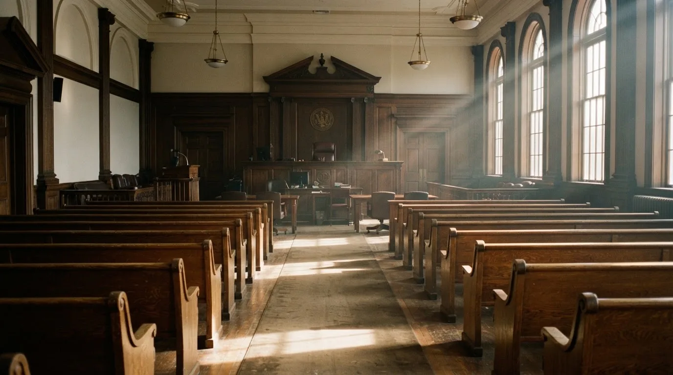 An empty courtroom with wooden benches in morning light