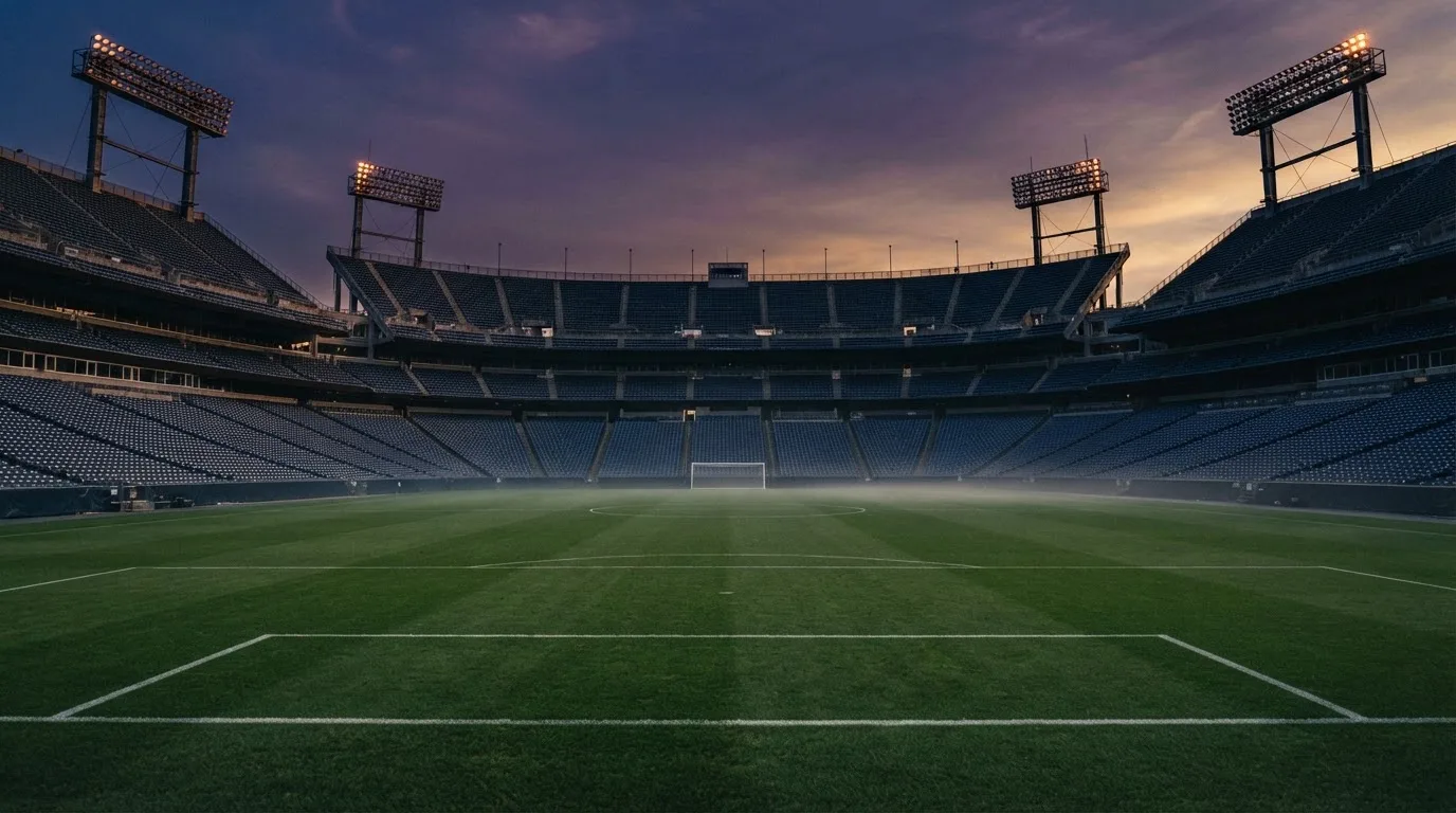 An empty football stadium with floodlight masts at dusk