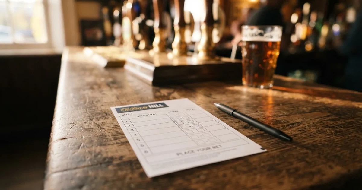A blank paper betting slip beside a pen on a wooden counter