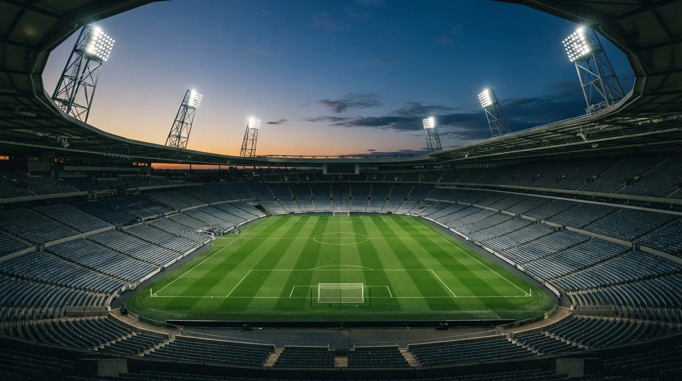 An empty football stadium with floodlight masts at dusk