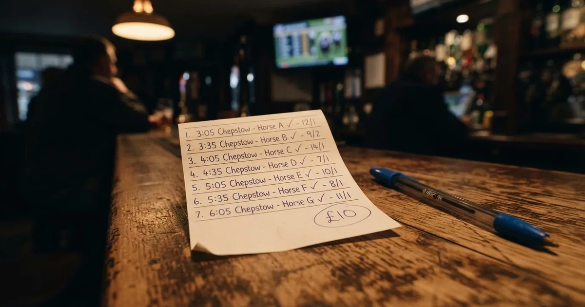 A blank paper betting slip beside a pen on a wooden counter