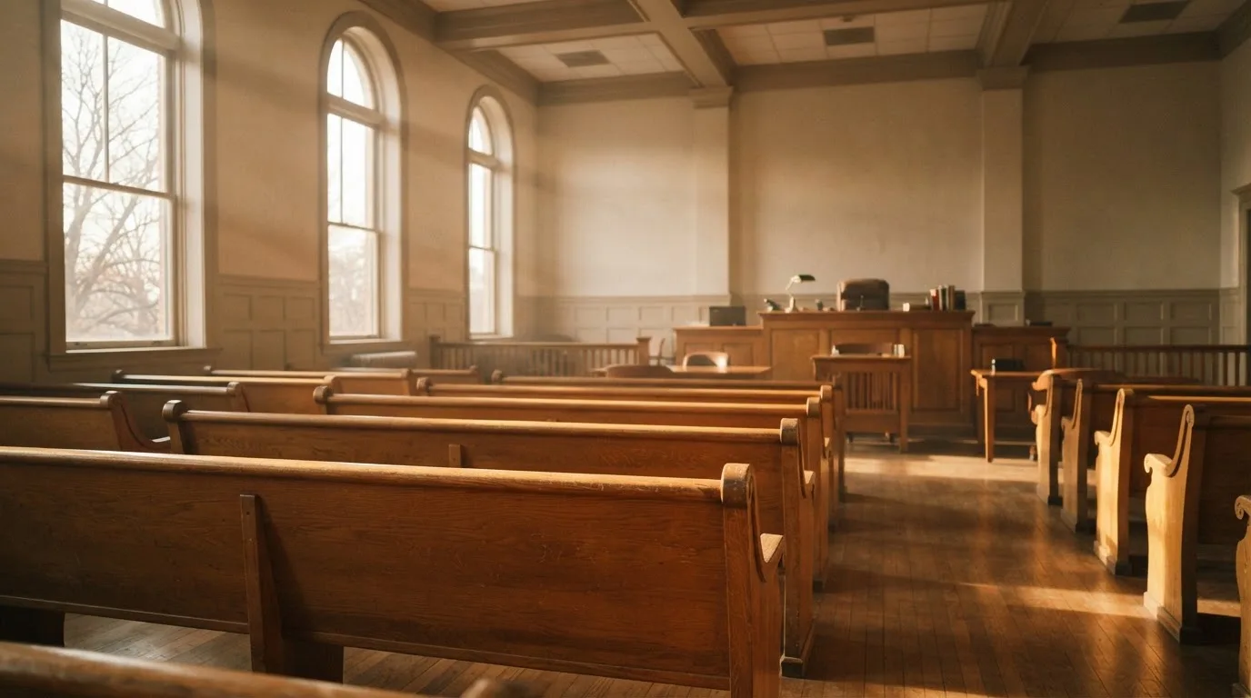 An empty courtroom with wooden benches in morning light
