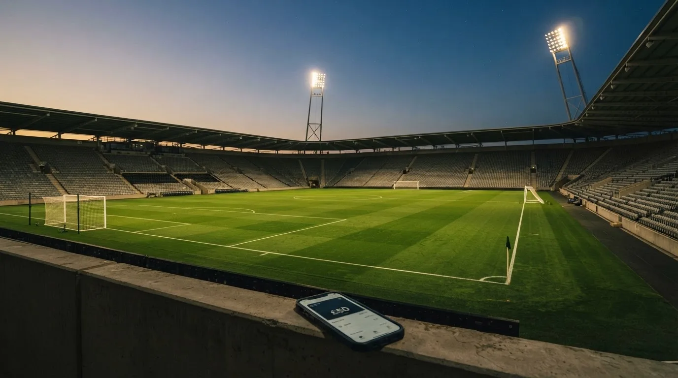 An empty football stadium with floodlight masts at dusk