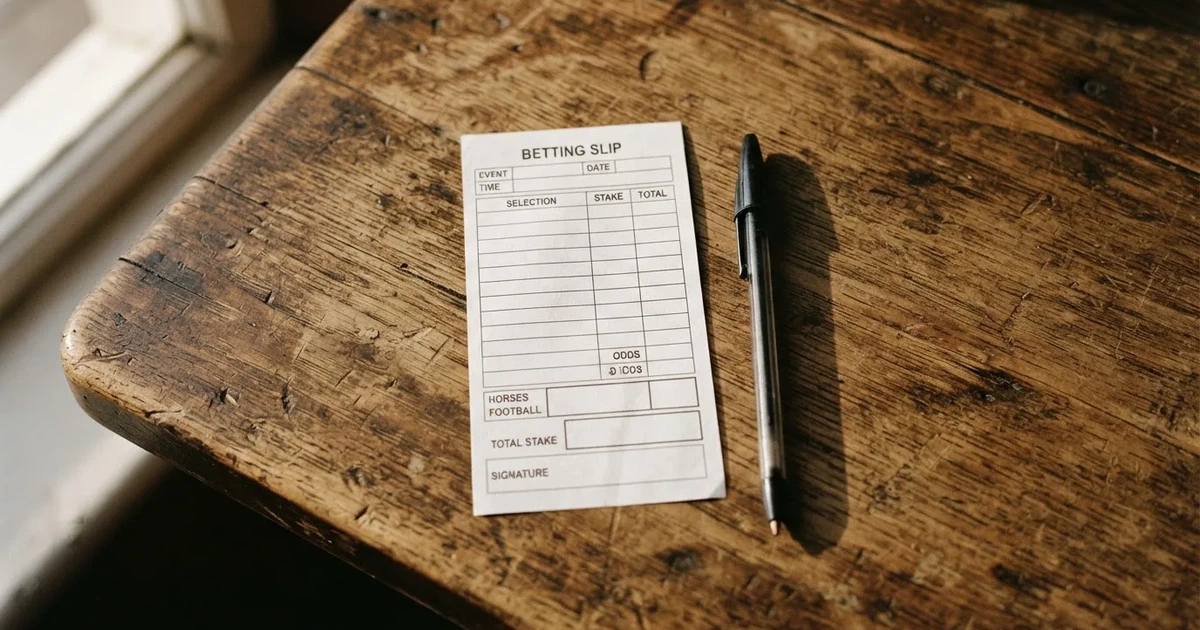 A blank paper betting slip beside a pen on a wooden counter