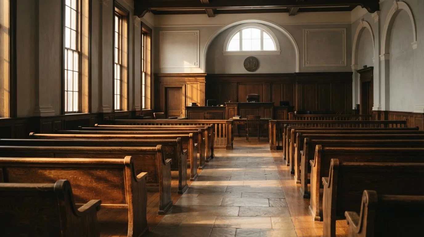 An empty courtroom with wooden benches in morning light